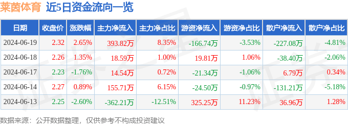 莱茵体育（000558）6月19日主力资金净买入393.82万元