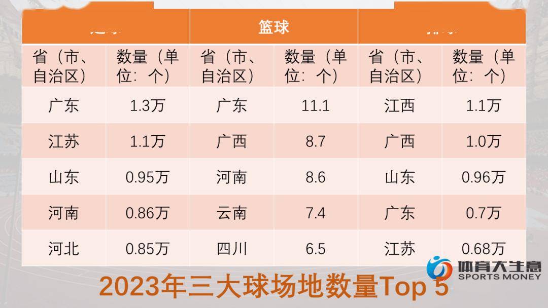 拆解全国体育场地数据：江苏三大指标居首、广东足篮羽大省